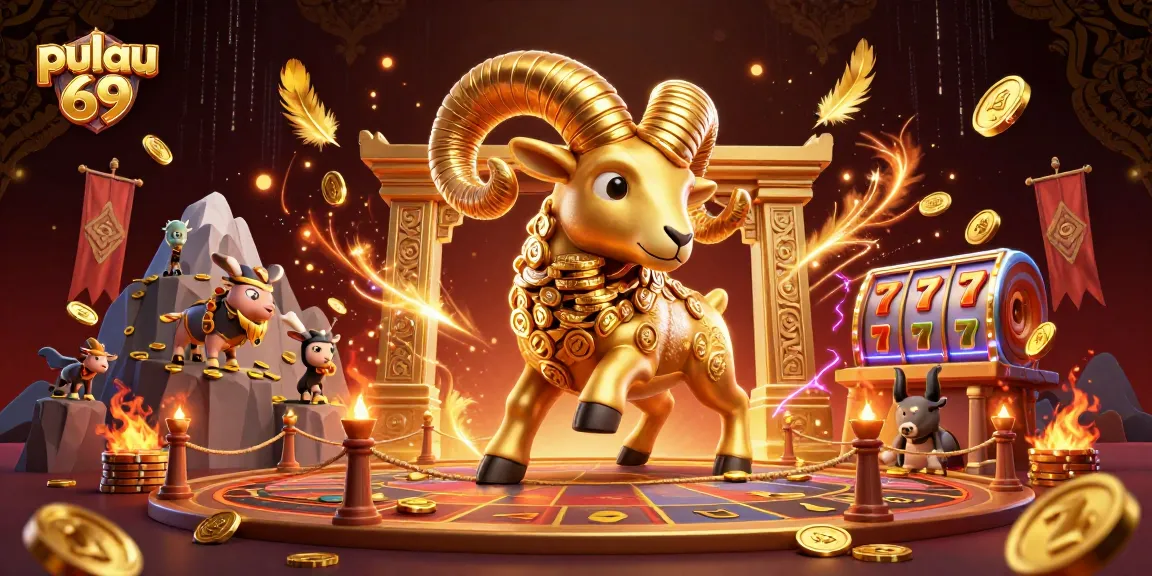 Play pulau 69 with dynamic 3D visuals showcasing a golden ram and casino elements.