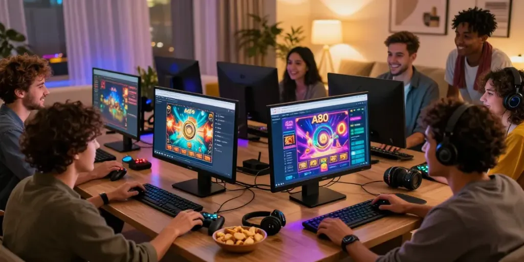 Friends enjoying gaming together on the A80 website with vibrant graphics.