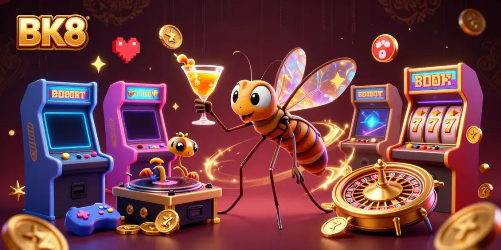 Engage in thrilling gameplay at BK8 with a lively 3D casino scene featuring unique characters.