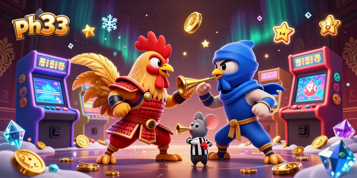Experience thrilling competition with ph33 as cartoon roosters face off amidst vibrant casino elements.