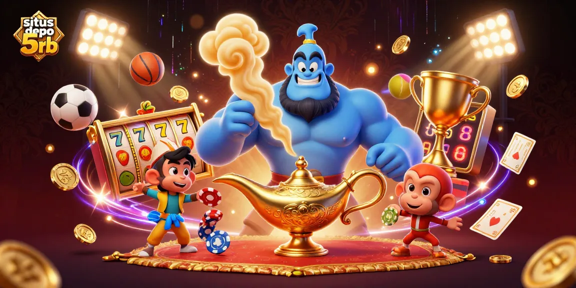 Experience situs depo 5rb with a vibrant scene featuring a genie, monkey, and magic carpet in a casino.