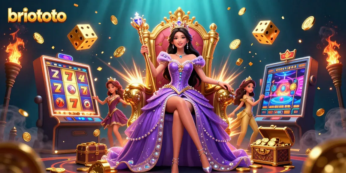 Win big with briototo at a dynamic casino scene featuring slot machines and golden treasures.