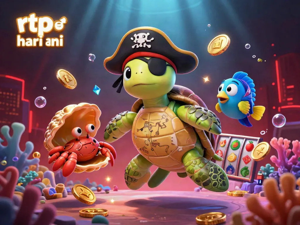 Engage with the exciting rtp slot hari ini scene featuring a colorful underwater treasure hunt with a cartoon pirate turtle and vibrant slot game elements.