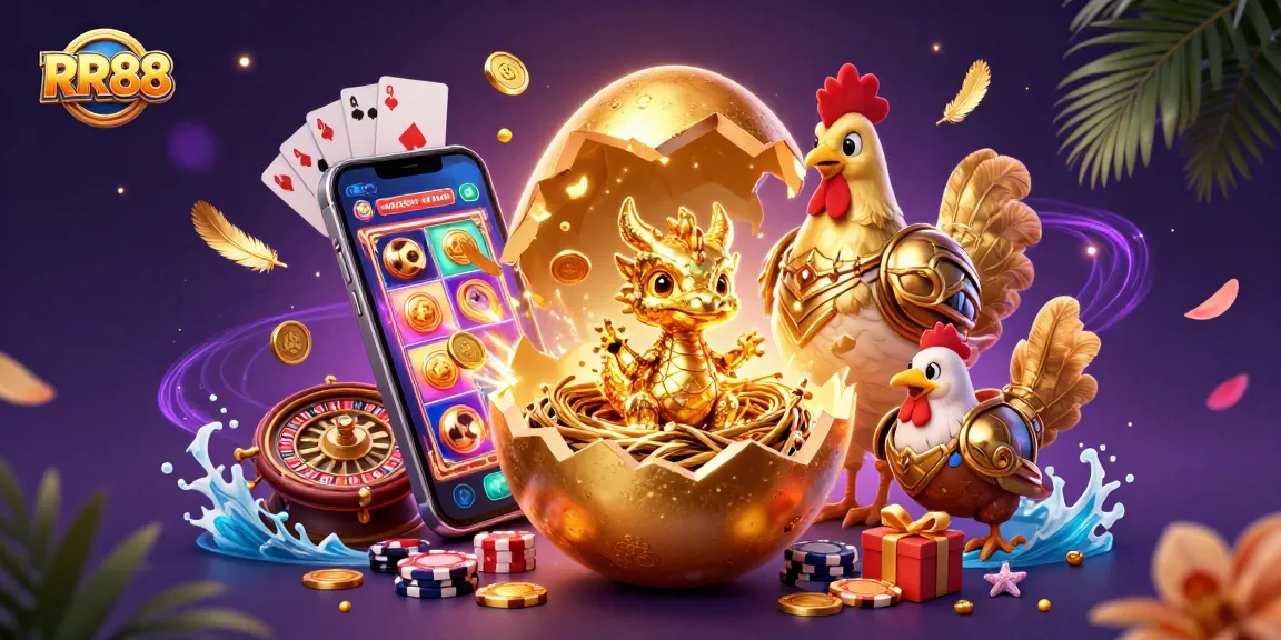 Experience the magic of RR88 with a colossal golden egg, a crystallized gold dragon, and dynamic gaming elements.