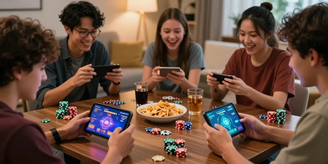 Play online Teen Patti with friends in a lively gaming scene featuring mobile devices and vibrant chips.