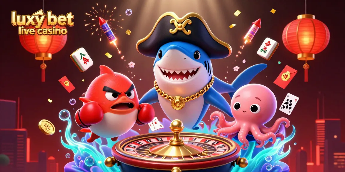 Experience excitement at luxy bet live casino with cartoon pirate shark, pufferfish, and octopus.