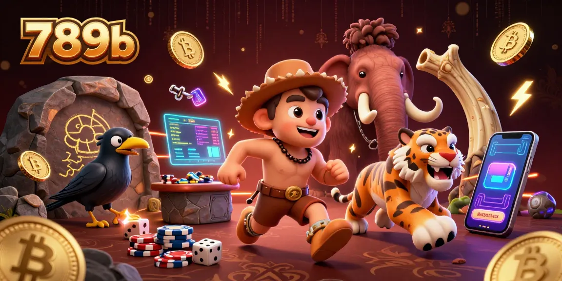 Immerse in casino thrills with 789b, featuring animated prehistoric characters in a vibrant gaming scene.