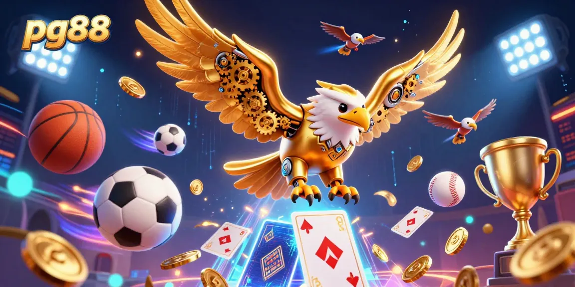 pg88 players experience thrilling action with a cybernetic eagle amid dynamic sports elements.