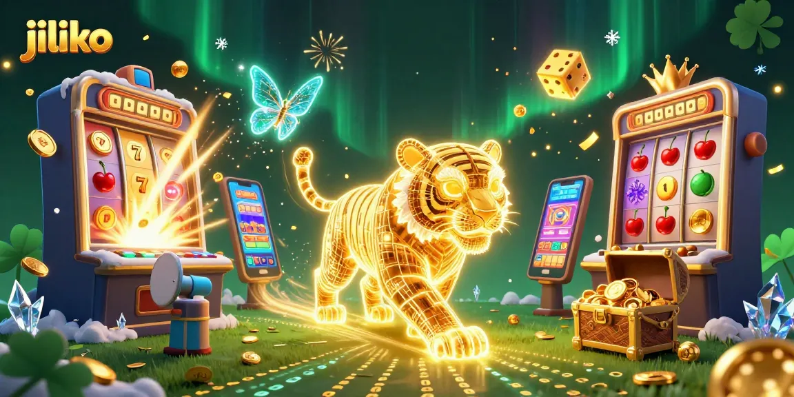 Engage in thrilling gameplay at jiliko with dynamic 3D visuals of slot machines, golden coins, and a neon tiger's adventure.