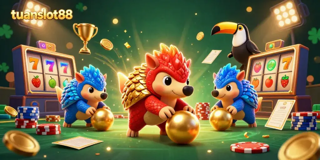 Tuanslot88 menghibur pemain dengan pangolin bersaing di slot mesin dan tumpukan chip poker.