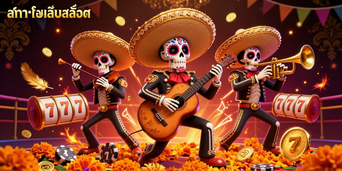 Engaging in ทดลองเล่นสล็อต with vibrant mariachi skeletons and energetic casino elements.