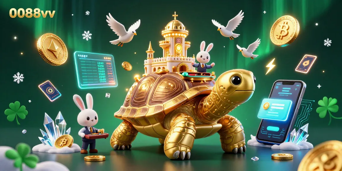 Experience the vibrant world of betting with 0088vv, featuring a dazzling casino scene with golden tortoise and coins.