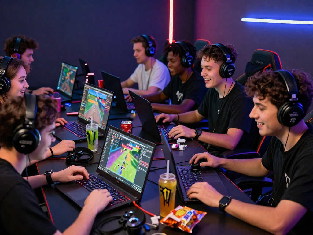A vibrant gaming scene illustrating engagement with mpocash.blog featuring players collaborating in an immersive environment, showcasing colorful screens and dynamic interactions.