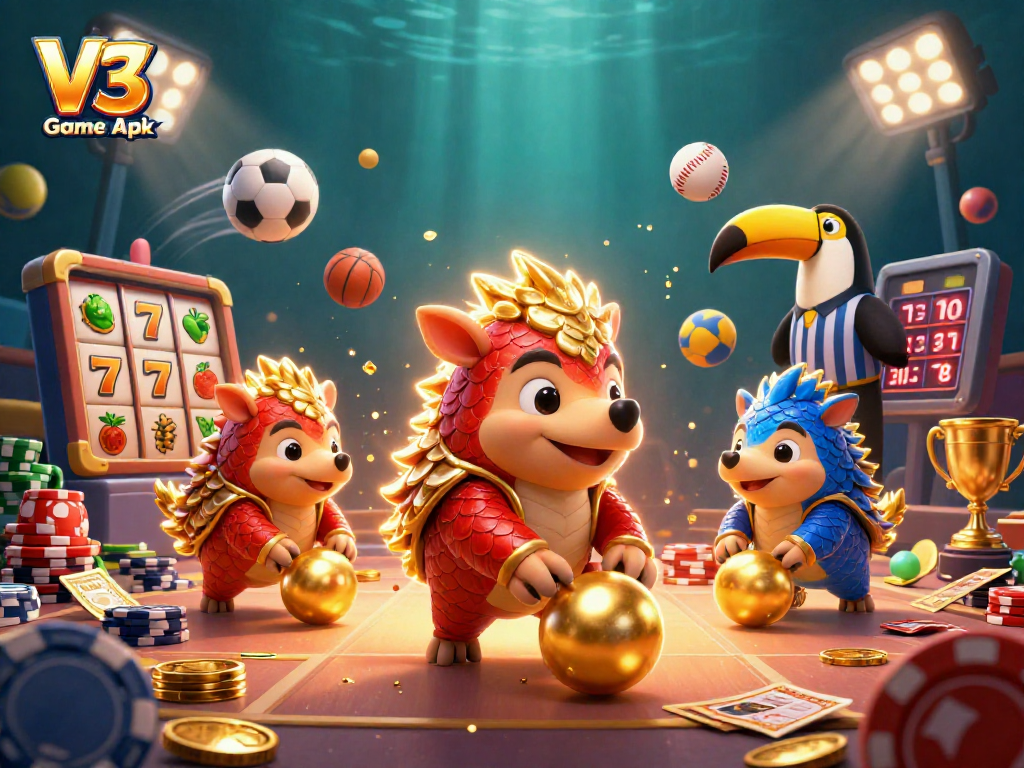 Experience the excitement of V3 Game Apk, featuring animated pangolins amidst dynamic gaming action and golden visuals.
