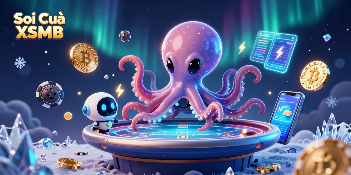 Soi Cầu XSMB's alien octopus deals cards at a glowing holographic poker table, showcasing vibrant betting excitement.