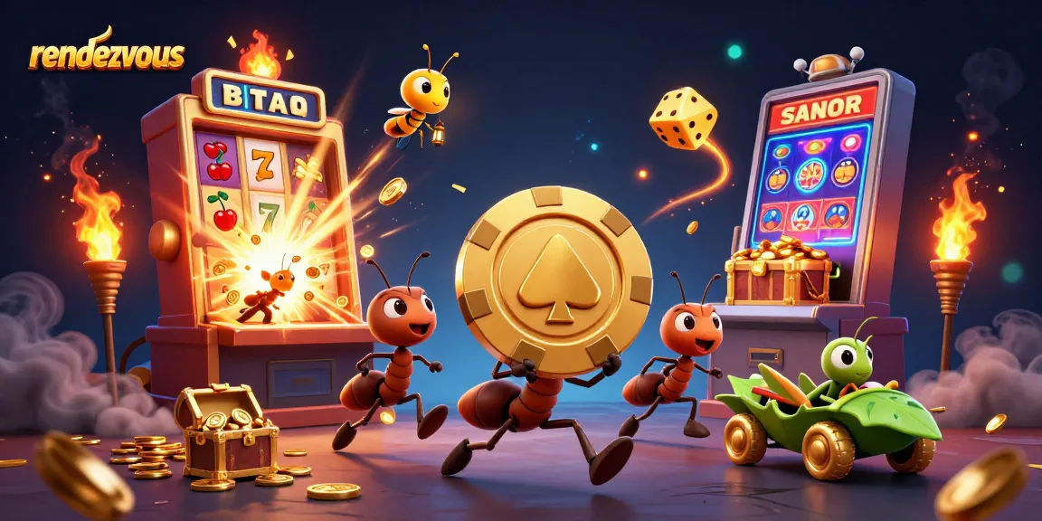 Rendezvous dengan tim karakter 3D mencuri chip poker emas di dalam kasino, dikelilingi komponen permainan yang gemerlap.