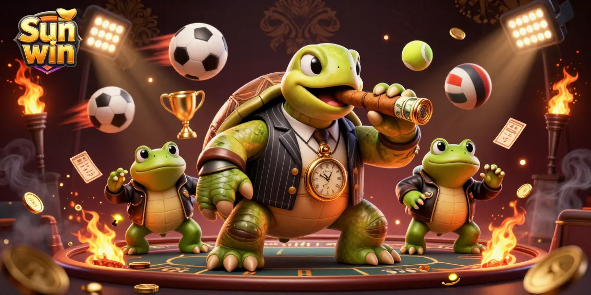 Win big at Sun win with a thrilling game scene featuring a cartoon turtle and sports elements.