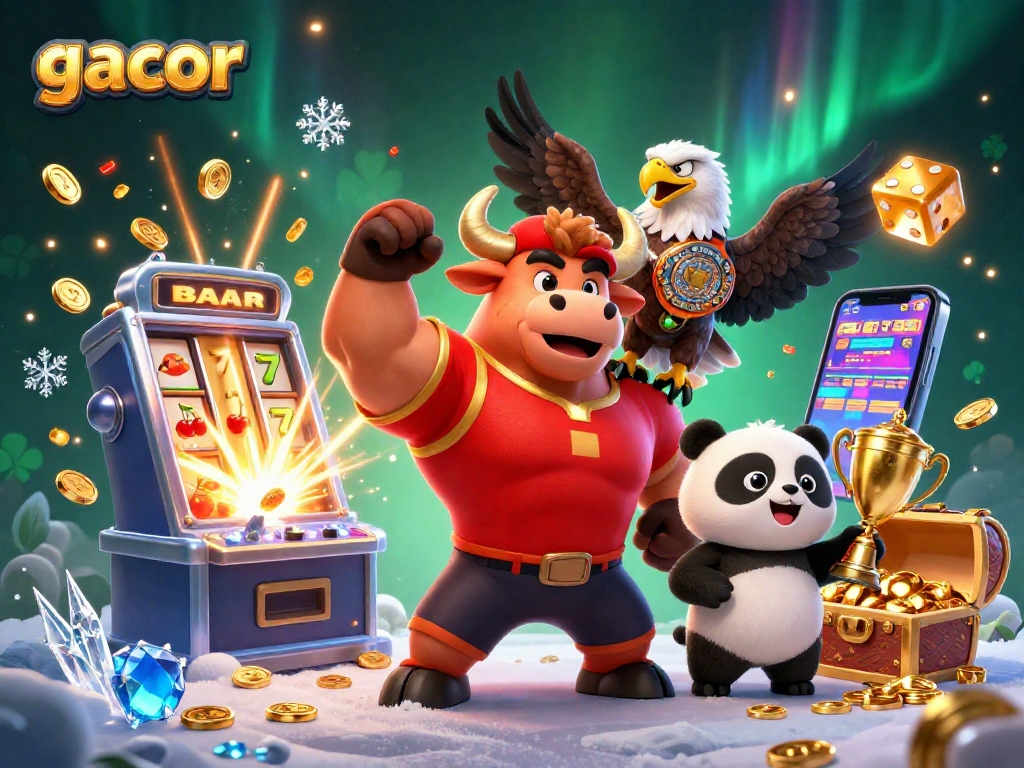 Experience the excitement of gacor slots with a victory pose by the bull mascot in a dynamic casino scene.