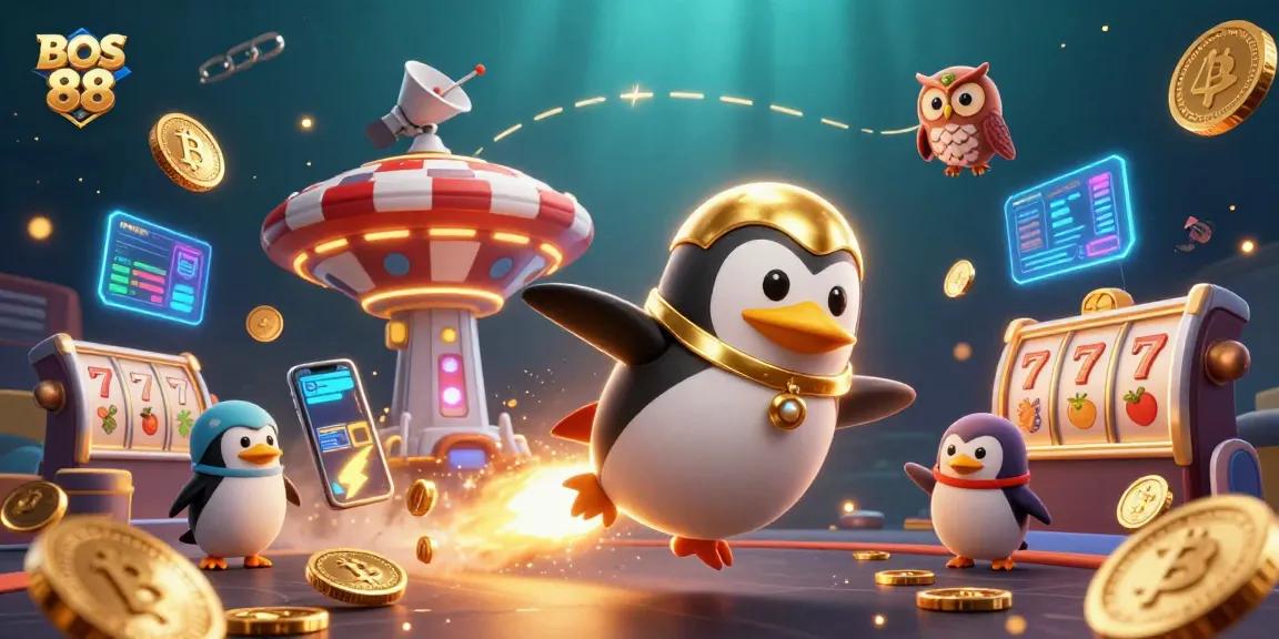 Gambarkan keseruan bermain slot online di BOS 88 dengan karakter penguin emas terbang ke arah kasino.