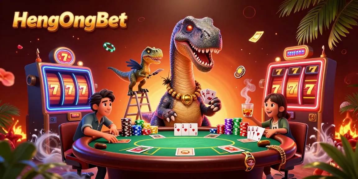 Engage with HengOngBet as a massive brontosaurus towers over a vibrant casino scene full of rich games.