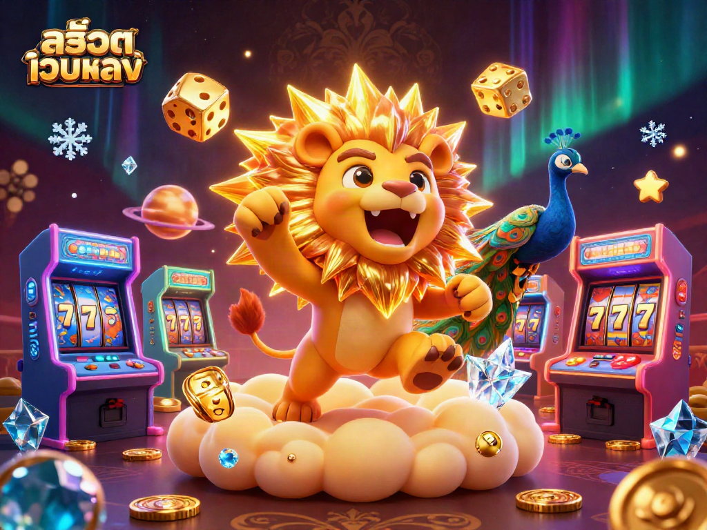 Engage with สล็อตเว็บตรง through vibrant slot-themed adventures featuring a majestic sun lion and cosmic elements.