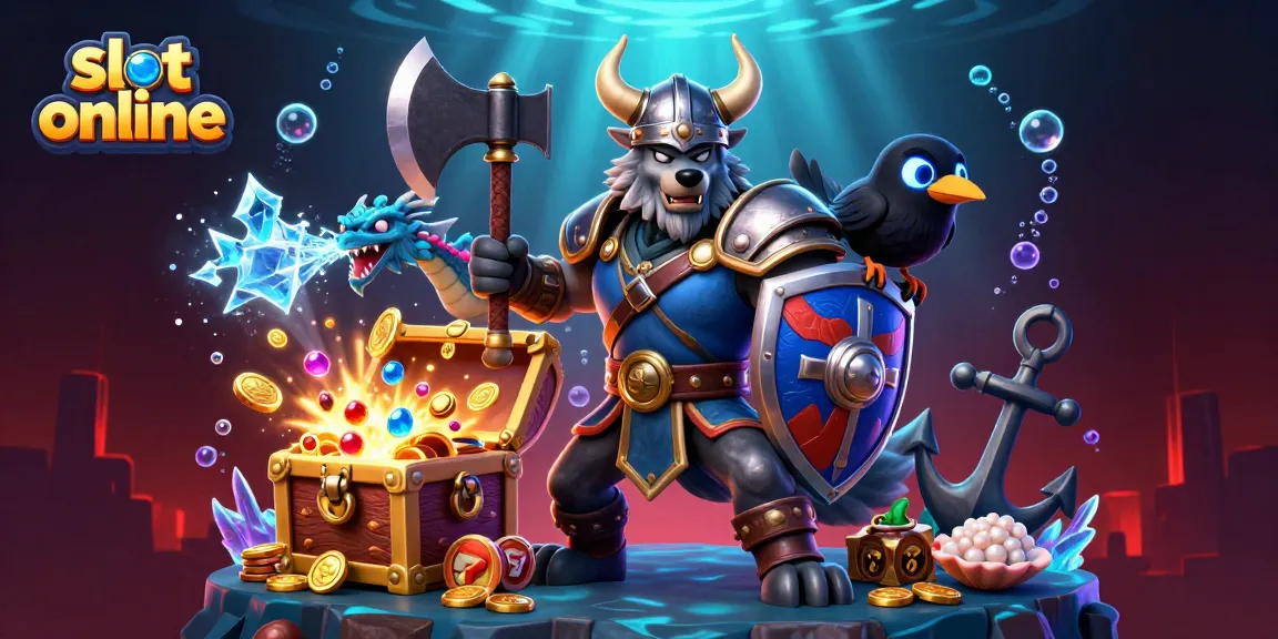 Engaging slot online scene with Viking warrior, fierce dragon, and raven, set in a treasure-filled casino.