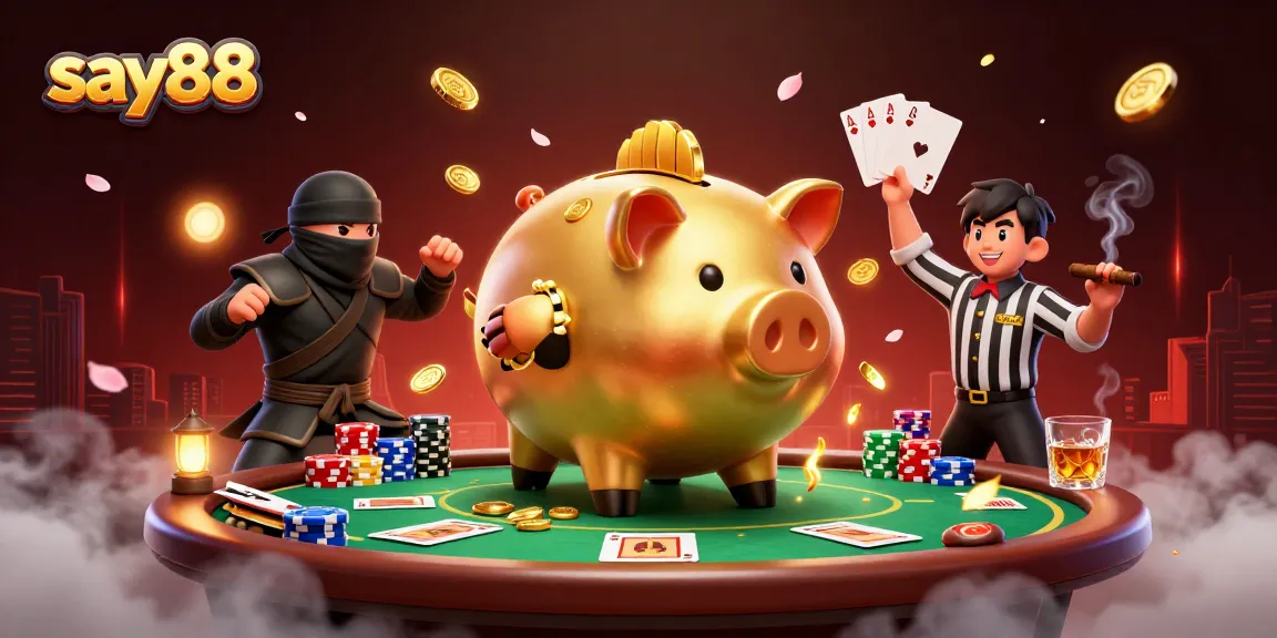 Experience the thrill at say88 with a dynamic scene featuring a sumo piggy bank and vibrant poker elements.