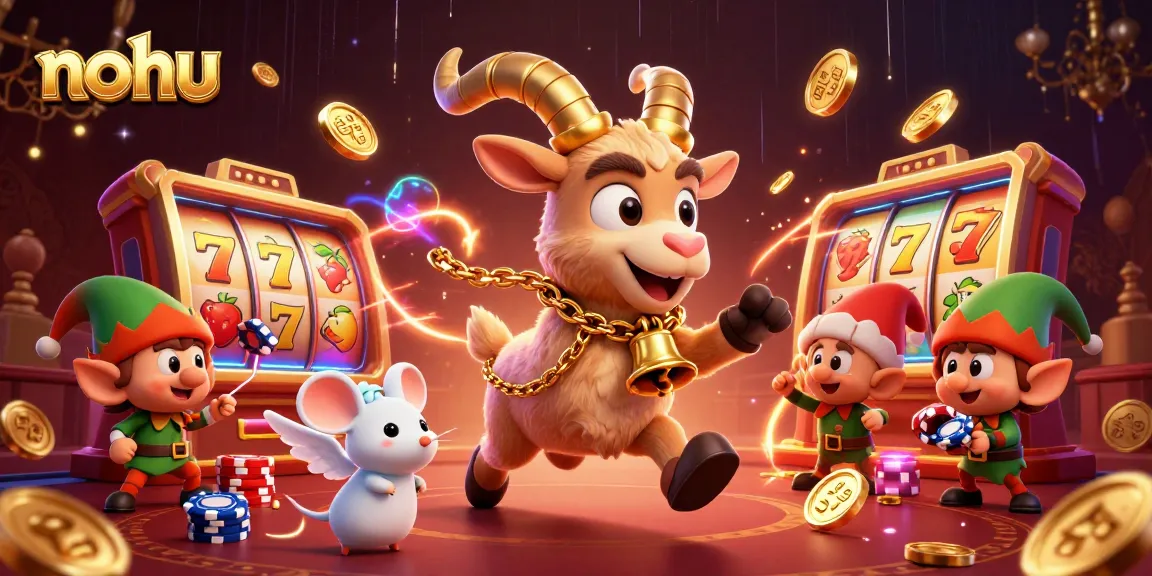 Nohu-themed cartoon casino scene featuring Krampus, mouse, and elves in a dynamic slot environment.
