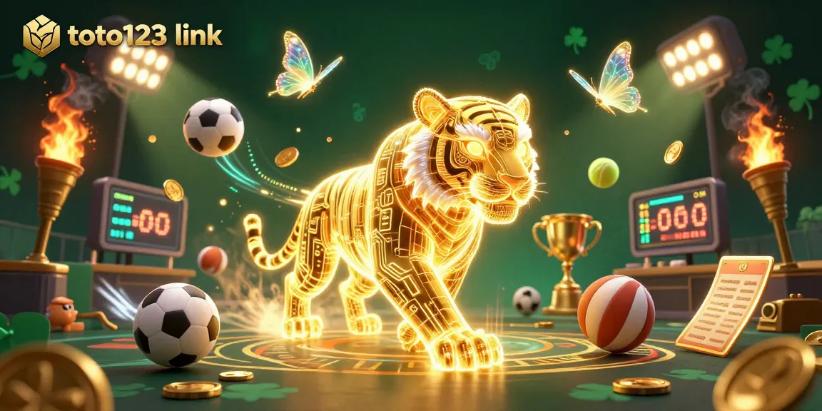 Engage with the thrilling toto123 link in a vibrant, dynamic casino scene filled with sports elements and glowing aesthetics.
