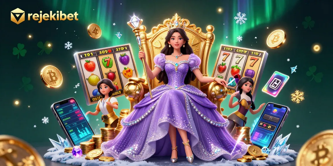 Spin to win with rejekibet, featuring a regal princess among vibrant slots and crypto elements.