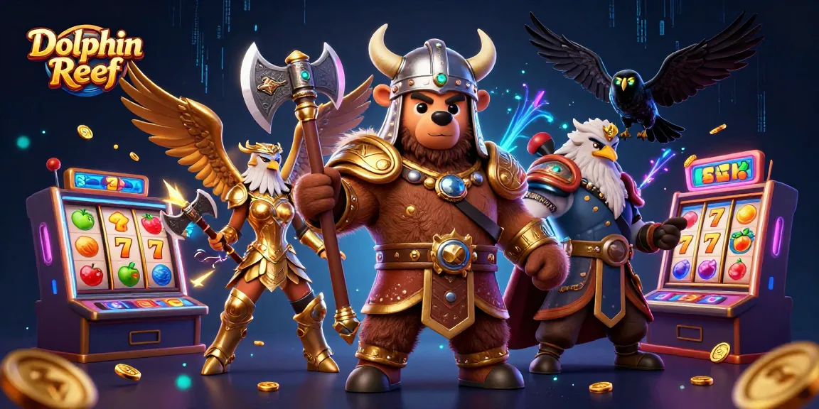 Spin the reels of Dolphin Reef, featuring a Viking bear and Valkyrie eagle in a vibrant casino scene.
