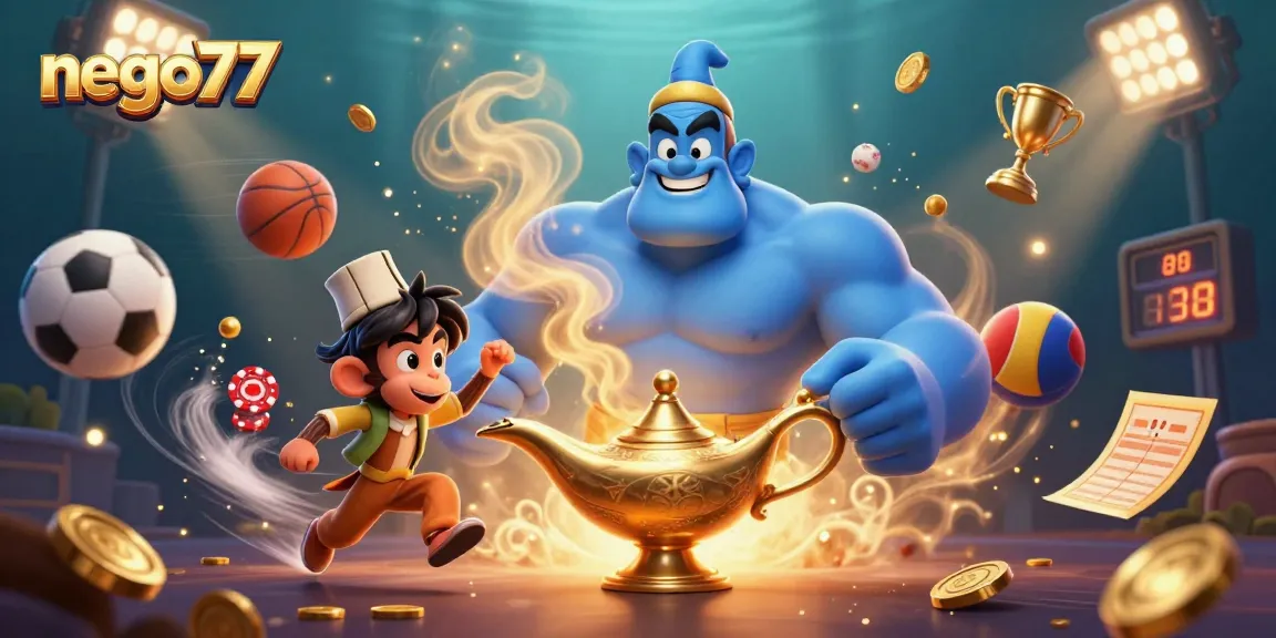 Bet on nego77 and join the thrilling action with a playful genie and dynamic sports elements in this vibrant illustration.