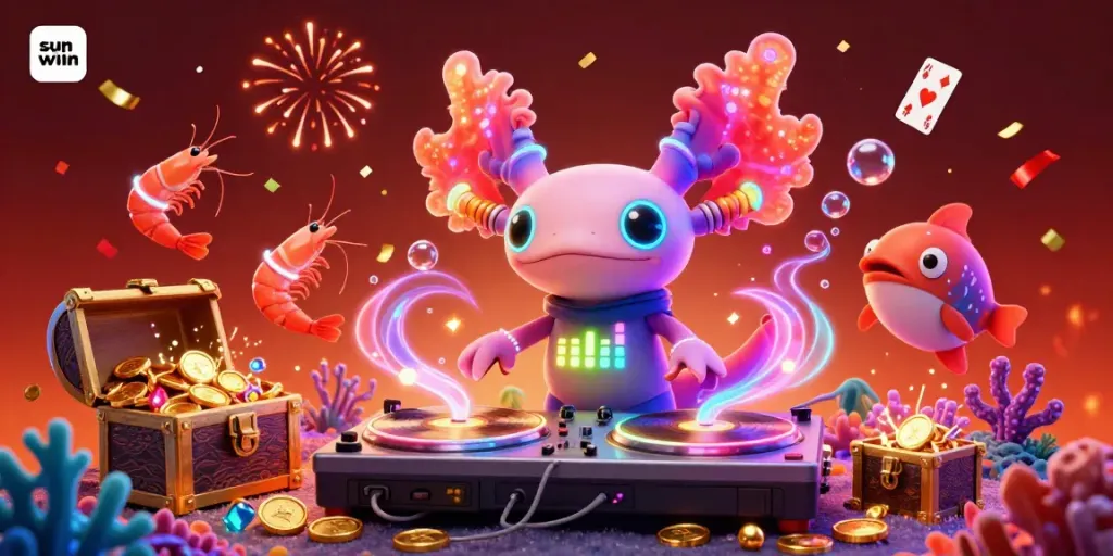 Join the action at sunwin with electrifying underwater casino celebrations featuring a vibrant DJ and playful sea creatures.