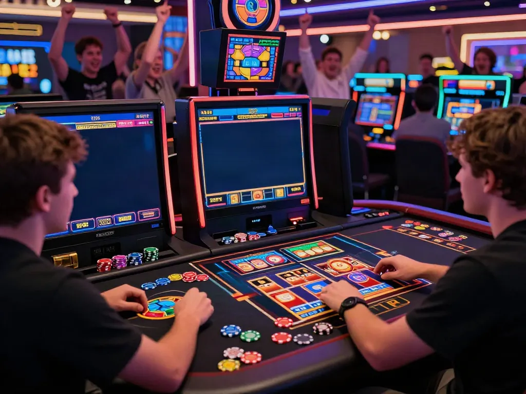 Exciting akunjp online gaming scene with players enjoying vibrant slot games at a virtual casino.