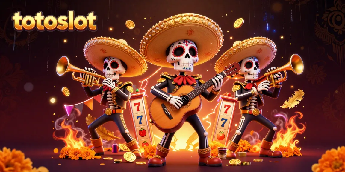 Engage with totoslot's vibrant gaming atmosphere featuring a Day of the Dead mariachi band amidst slot elements.