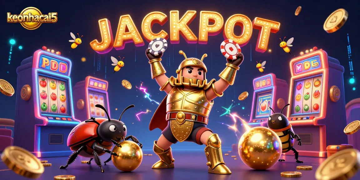 Engage with keonhacai5's captivating casino scene featuring a victorious beetle character celebrating a jackpot.