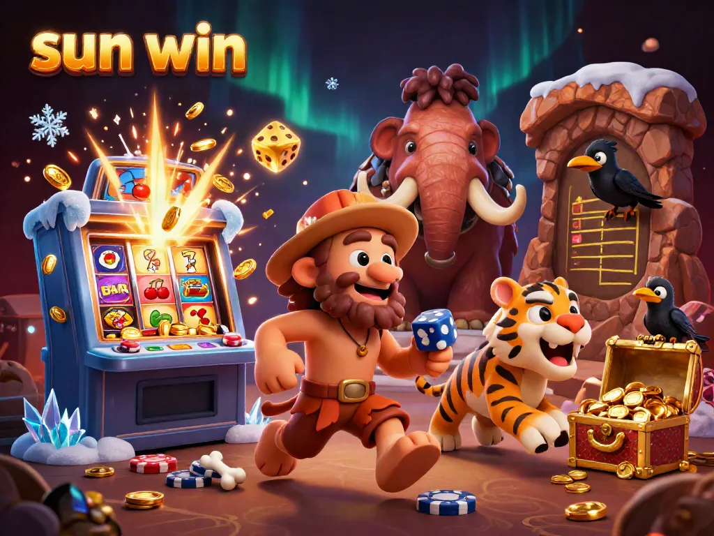 Experience the thrill of sun win at a prehistoric casino with cavemen and sabertooth tiger duo.