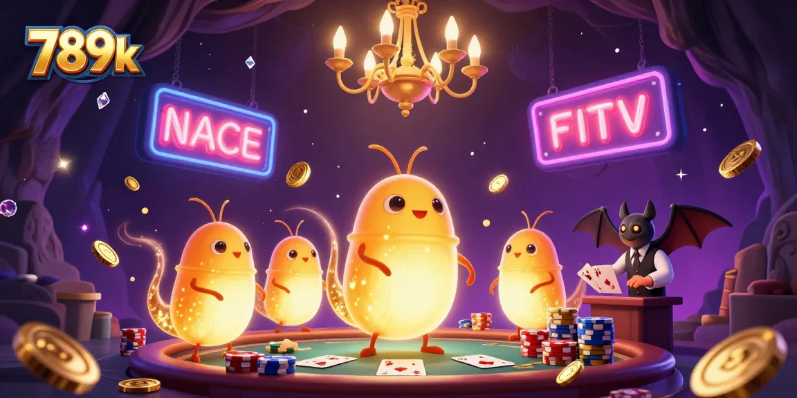 Experience the vibrant 789k casino scene, with glowing glowworms and sparkling gems illuminating a live gaming atmosphere.