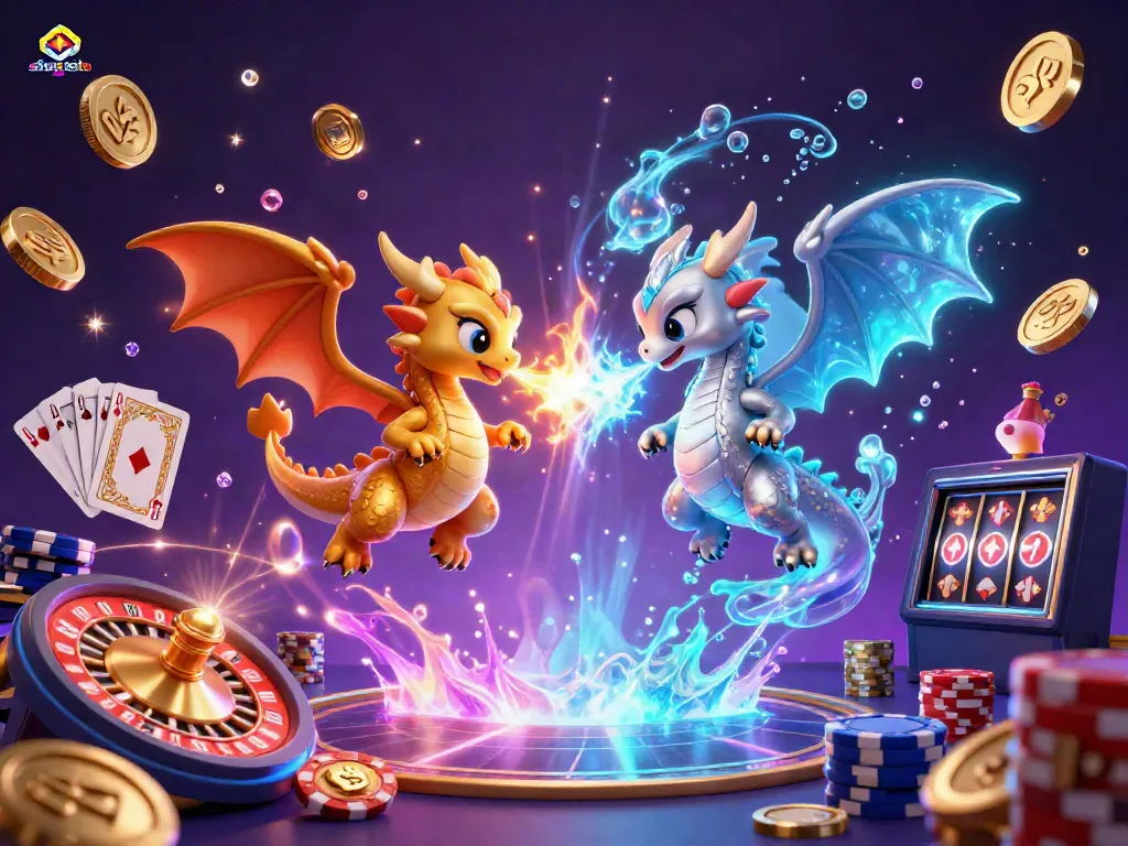 Situs toto highlights gaming excitement with cartoon dragons breathing fire and ice amidst cascading coins.