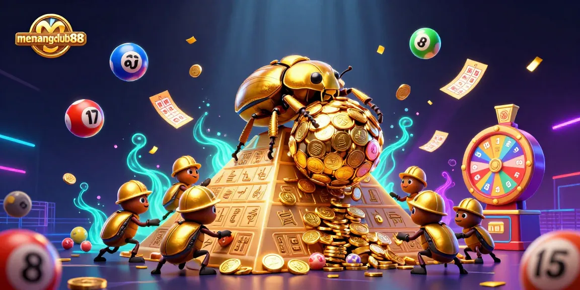Join the excitement at menangclub88 with a thrilling 3D illustration showcasing casino symbols and vibrant lottery elements.