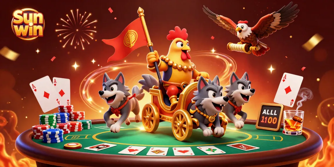 Engage with Sun win's thrilling casino games surrounded by vibrant poker elements and a lively atmosphere.