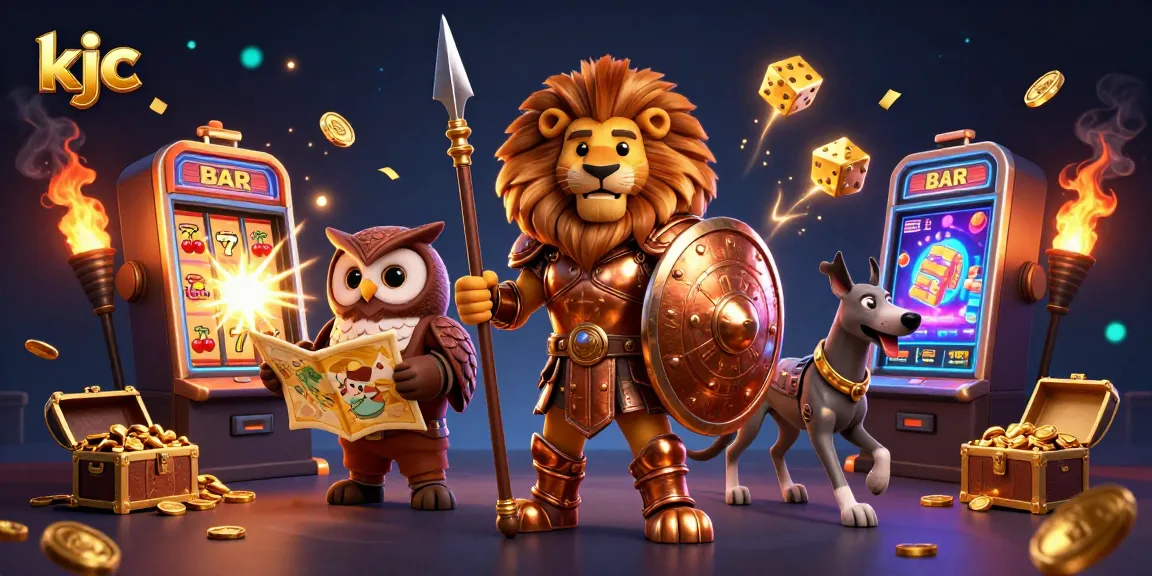 KJC players enjoy vibrant casino action with a slot machine explosion and armored characters.