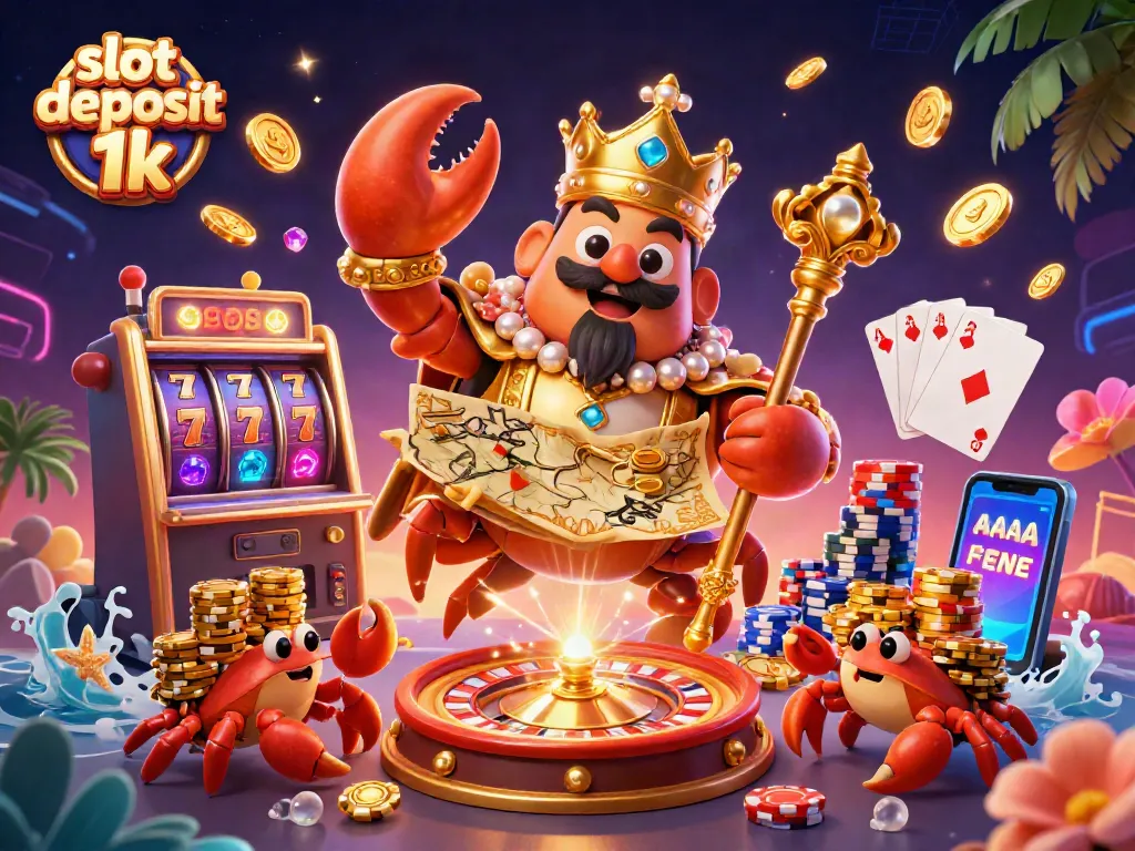 Experience thrill with slot deposit 1k as a golden crab emperor leads a vibrant casino scene.