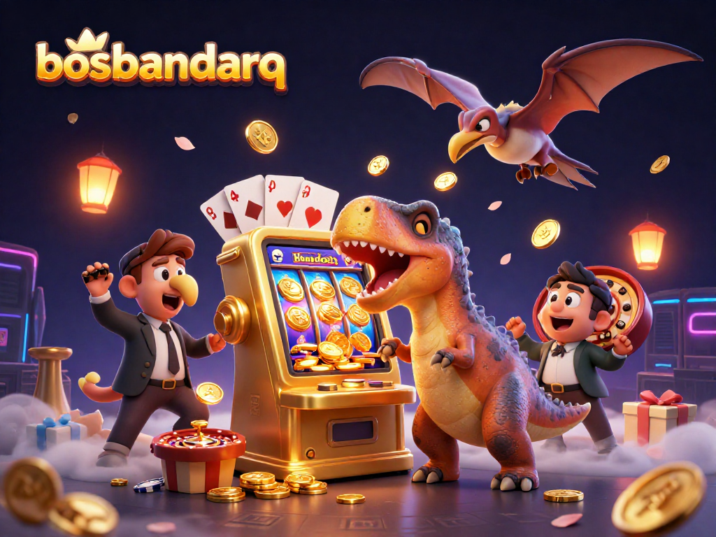Catch jackpots at bosbandarq with a lively scene of dinosaurs in a casino environment.