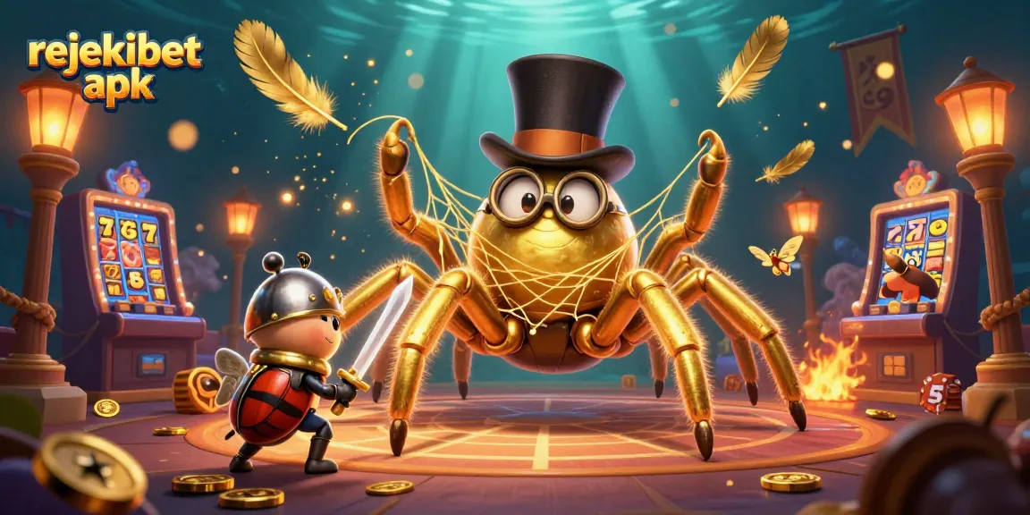 Experience thrilling gameplay with rejekibet apk as a golden tarantula and brave beetle knight take center stage in a vibrant casino scene.