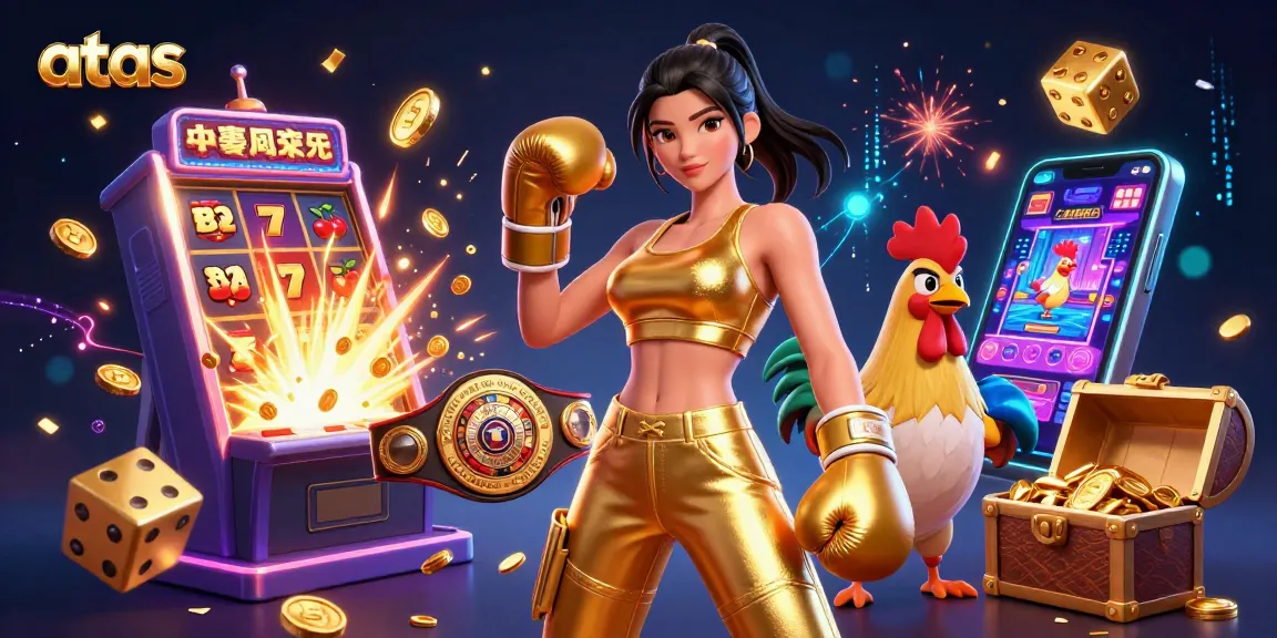 Experience wins with atas as a powerful woman and championship rooster celebrate around jackpot slots.