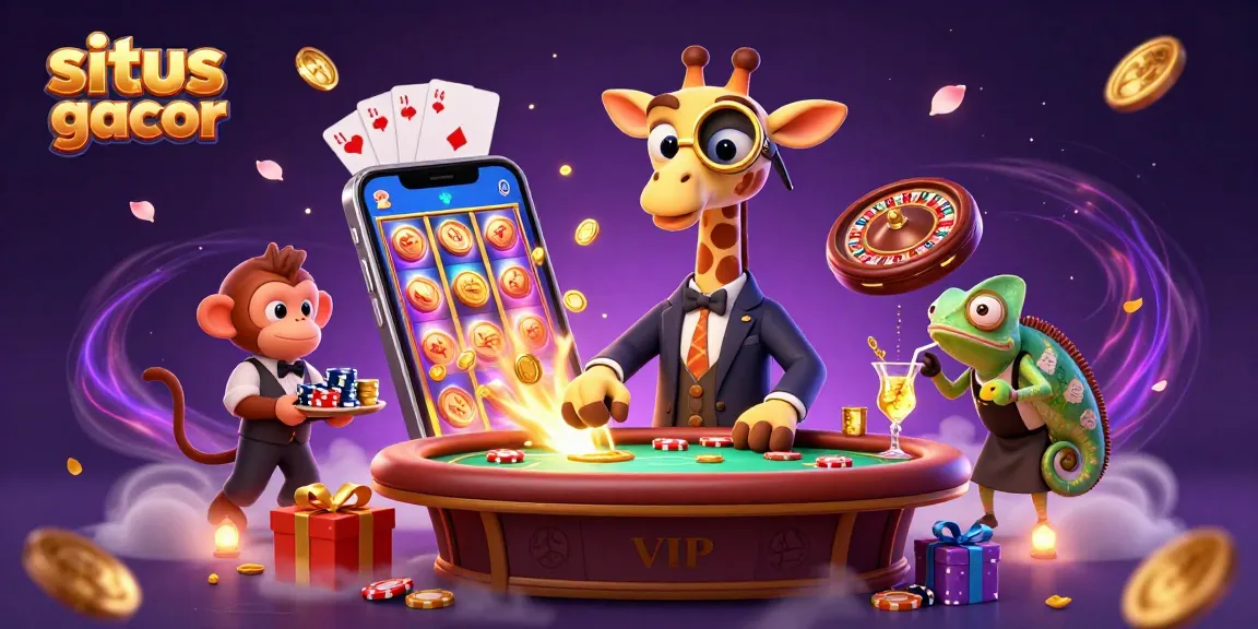 Engage with situs slot gacor in this vibrant scene showcasing a giraffe, monkey, and chameleon in an action-packed casino