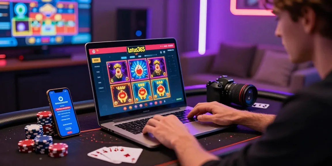 Player enjoying gaming at home with lotus365 online casino interface, poker chips, and modern setup.