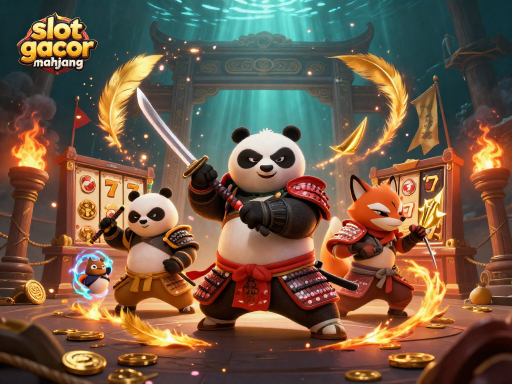 Engage with slot gacor mahjong in a vibrant casino scene featuring samurai panda and ninja fox.