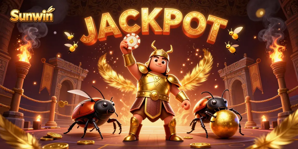 Sunwin takes center stage in a vibrant online casino scene with a winning beetle and gambling elements.